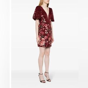Sequin Burgundy Floral V-Neck Mini Dress